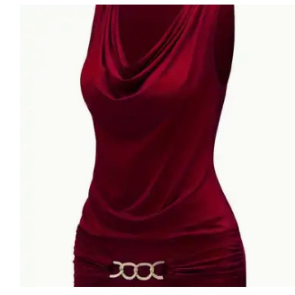 Elegant Red Sleeveless cowl neck top with Gold Accent